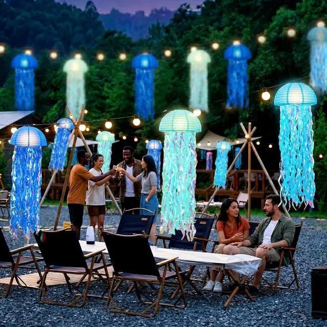 Alt view image 3 of 6 - 6-Pack Jellyfish Paper Lanterns, Under the Sea Party Decorations | 10-Inch Gradient Blue Jelly fish Paper Lanterns for Mermaid Birthday, Baby Shower, Beach Theme Party, Classrooms,Ocean Decor