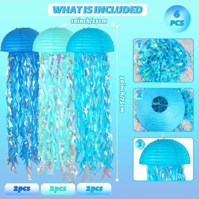 Alt view image 6 of 6 - 6-Pack Jellyfish Paper Lanterns, Under the Sea Party Decorations | 10-Inch Gradient Blue Jelly fish Paper Lanterns for Mermaid Birthday, Baby Shower, Beach Theme Party, Classrooms,Ocean Decor