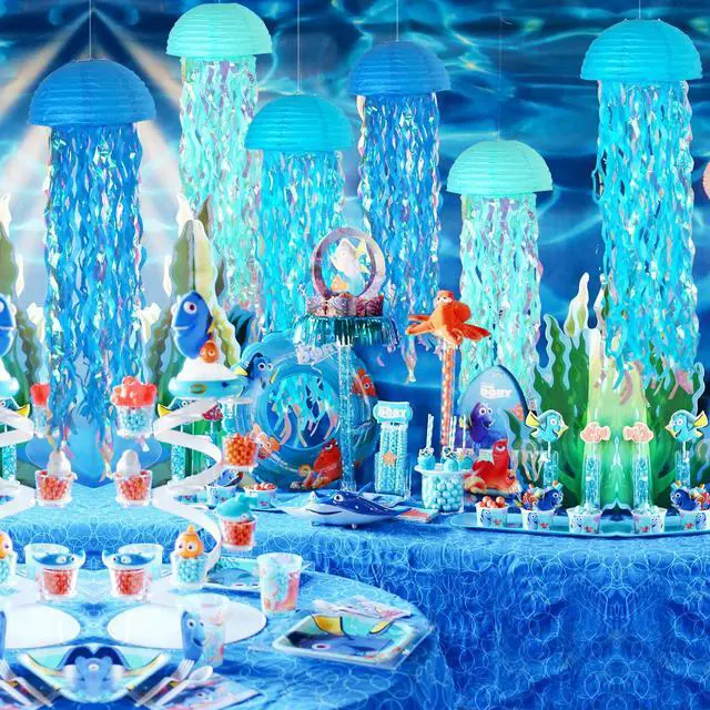 Alt view image 5 of 6 - 6-Pack Jellyfish Paper Lanterns, Under the Sea Party Decorations | 10-Inch Gradient Blue Jelly fish Paper Lanterns for Mermaid Birthday, Baby Shower, Beach Theme Party, Classrooms,Ocean Decor