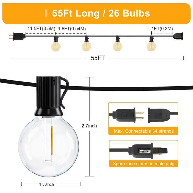 Alt view image 2 of 7 - Outdoor String Lights, 55FT Shatterproof LED Patio Lights with 26 Dimmable Plastic G40 Bulbs, 2200K Waterproof Connectable Hanging String for Backyard Cafe Porch Deck E12 Base