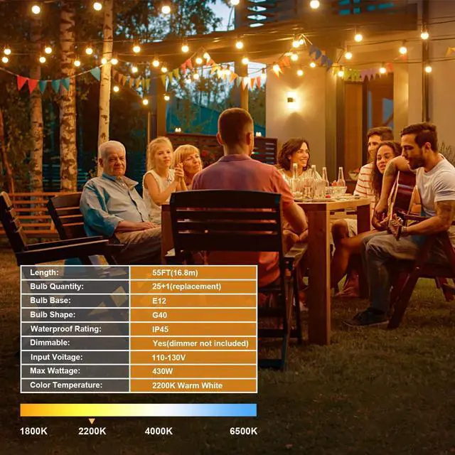 Alt view image 7 of 7 - Outdoor String Lights, 55FT Shatterproof LED Patio Lights with 26 Dimmable Plastic G40 Bulbs, 2200K Waterproof Connectable Hanging String for Backyard Cafe Porch Deck E12 Base