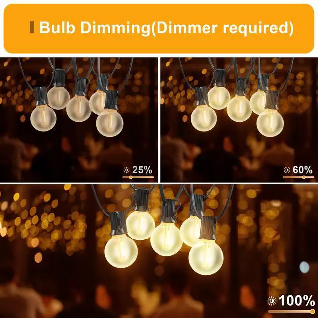 Alt view image 4 of 7 - Outdoor String Lights, 55FT Shatterproof LED Patio Lights with 26 Dimmable Plastic G40 Bulbs, 2200K Waterproof Connectable Hanging String for Backyard Cafe Porch Deck E12 Base