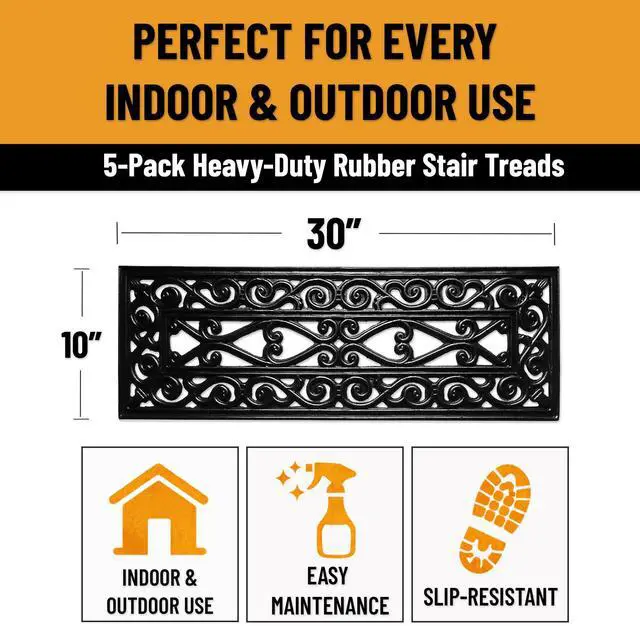 Alt view image 2 of 7 - Outdoor Rubber Stair Treads Scroll Lattice Heavy-Duty Non Slip Stair Mats Strong Grip for Concrete, Brick & Textured Steps Extra Securing on Wooden & RV Steps, Pack of 5