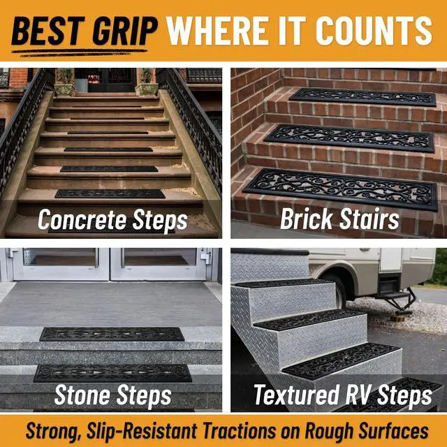 Alt view image 4 of 7 - Outdoor Rubber Stair Treads Scroll Lattice Heavy-Duty Non Slip Stair Mats Strong Grip for Concrete, Brick & Textured Steps Extra Securing on Wooden & RV Steps, Pack of 5