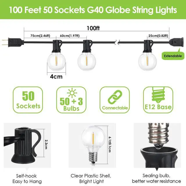 Alt view image 2 of 7 - 100Ft LED Outdoor String Lights, Dimmable Patio Lights, Waterproof Shatterproof 53 G40 Globe Bulb String for Backyard Bistro-Black 1 Pack