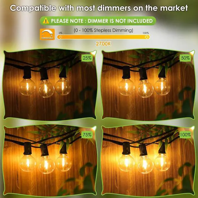 Alt view image 5 of 7 - 100Ft LED Outdoor String Lights, Dimmable Patio Lights, Waterproof Shatterproof 53 G40 Globe Bulb String for Backyard Bistro-Black 1 Pack