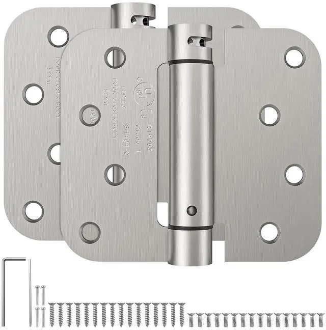 Main image of 4 Inch Self Closing Door Hinges, 2 Pack Spring Loaded Door Hinges with 5/8'' Radius Corners, Brushed Nickel UL Listed,Adjustable Tension for Garage, Front Door, for Left and Right Hand Door