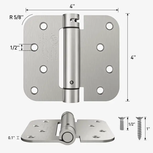 Alt view image 2 of 7 - 4 Inch Self Closing Door Hinges, 2 Pack Spring Loaded Door Hinges with 5/8'' Radius Corners, Brushed Nickel UL Listed,Adjustable Tension for Garage, Front Door, for Left and Right Hand Door