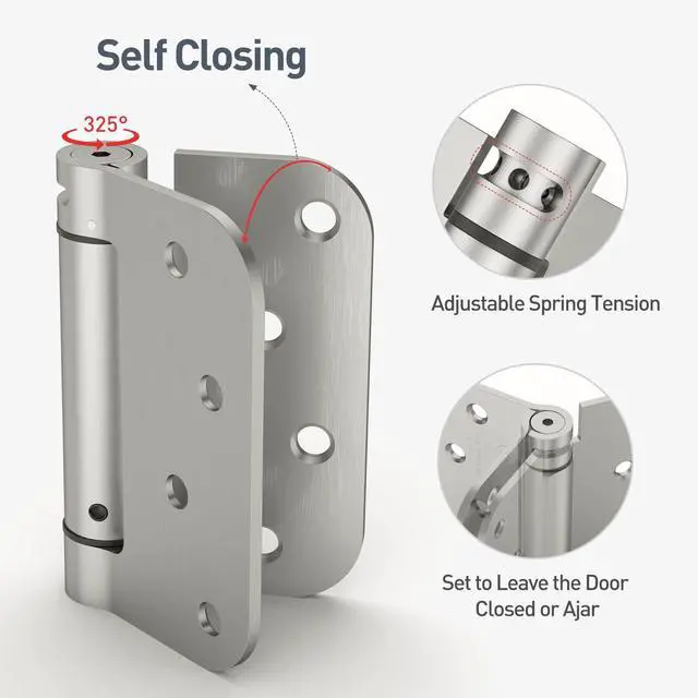 Alt view image 3 of 7 - 4 Inch Self Closing Door Hinges, 2 Pack Spring Loaded Door Hinges with 5/8'' Radius Corners, Brushed Nickel UL Listed,Adjustable Tension for Garage, Front Door, for Left and Right Hand Door