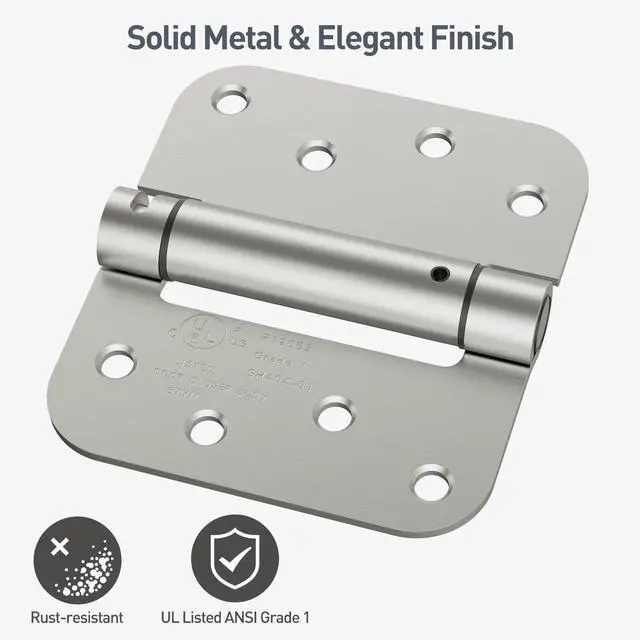 Alt view image 4 of 7 - 4 Inch Self Closing Door Hinges, 2 Pack Spring Loaded Door Hinges with 5/8'' Radius Corners, Brushed Nickel UL Listed,Adjustable Tension for Garage, Front Door, for Left and Right Hand Door