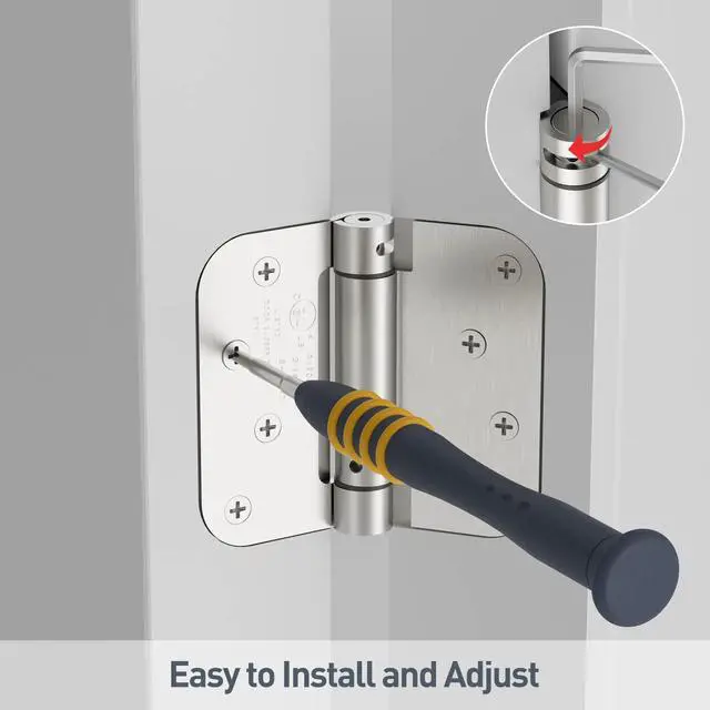 Alt view image 5 of 7 - 4 Inch Self Closing Door Hinges, 2 Pack Spring Loaded Door Hinges with 5/8'' Radius Corners, Brushed Nickel UL Listed,Adjustable Tension for Garage, Front Door, for Left and Right Hand Door