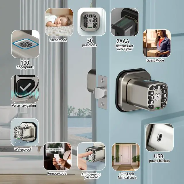 Alt view image 7 of 7 - Fingerprint Door knob, Smart Biometric Door Lock with Keypad, Keyless Entry Code Door Knob, Waterproof & Weatherproof, Auto Lock,Voice Navigation, For Bedroom, Gate,Office -Matte Black
