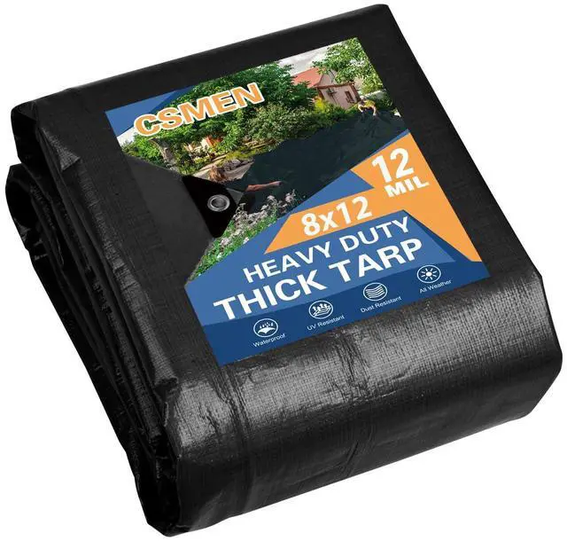 Main image of Tarp Waterproof 8x12Ft,12Mil Heavy Duty Poly Black Tarpaulin Cover | Reinforced Edges,Grommets Every 36in,Finished Size,UV Resistant,All Weather Protection,Multipurpose For Outdoor Coverage