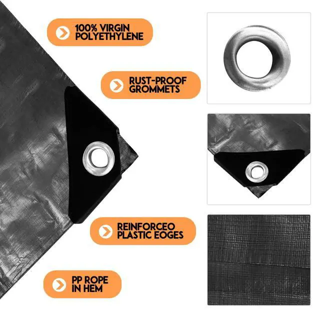 Alt view image 2 of 6 - Tarp Waterproof 8x12Ft,12Mil Heavy Duty Poly Black Tarpaulin Cover | Reinforced Edges,Grommets Every 36in,Finished Size,UV Resistant,All Weather Protection,Multipurpose For Outdoor Coverage