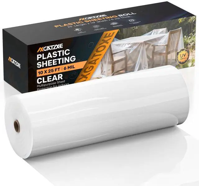 Main image of 6 Mil 10x25 FT Heavy Duty Greenhouse Plastic Sheeting, Clear, 1-Roll | Tear-Proof, Waterproof, UV Protection Plastic Drop Cloth for Industrial Construction Painting Farm Courtyard Covering