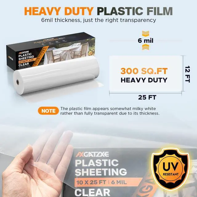Alt view image 2 of 7 - 6 Mil 10x25 FT Heavy Duty Greenhouse Plastic Sheeting, Clear, 1-Roll | Tear-Proof, Waterproof, UV Protection Plastic Drop Cloth for Industrial Construction Painting Farm Courtyard Covering
