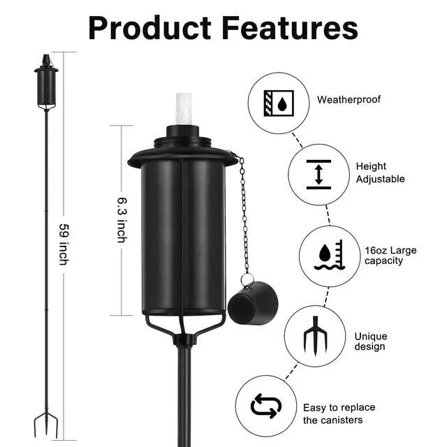 Alt view image 2 of 7 - 6 Pack Garden Torches, 16 oz Metal Torch for Outside with 3-Prong Grounded Stake, Outdoor Decorative Citronella Torches, 59 inch Garden Décor Torches