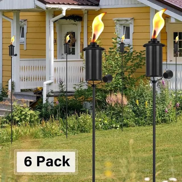 Alt view image 6 of 7 - 6 Pack Garden Torches, 16 oz Metal Torch for Outside with 3-Prong Grounded Stake, Outdoor Decorative Citronella Torches, 59 inch Garden Décor Torches