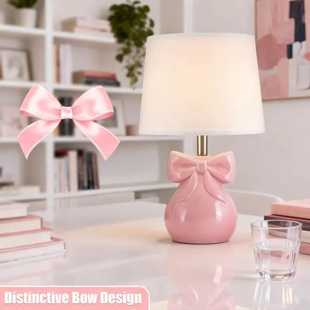 Alt view image 2 of 7 - Pink Bow Table Lamp for Girl's Room, 19" Cute Lamp for Kids Bedroom | Classic Girly Ceramic Bedside Lamp for Nightstand, Modern Princess Table Lamp for Living Room, Gift for Girl, Bulb Included
