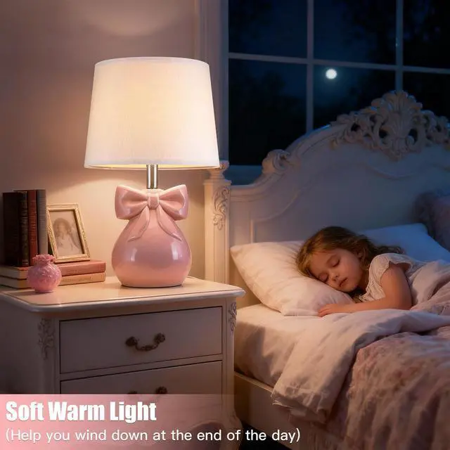 Alt view image 3 of 7 - Pink Bow Table Lamp for Girl's Room, 19" Cute Lamp for Kids Bedroom | Classic Girly Ceramic Bedside Lamp for Nightstand, Modern Princess Table Lamp for Living Room, Gift for Girl, Bulb Included