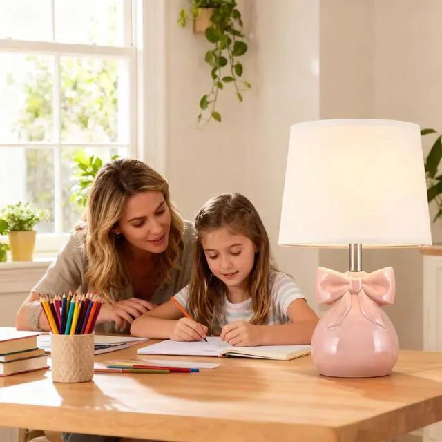 Alt view image 4 of 7 - Pink Bow Table Lamp for Girl's Room, 19" Cute Lamp for Kids Bedroom | Classic Girly Ceramic Bedside Lamp for Nightstand, Modern Princess Table Lamp for Living Room, Gift for Girl, Bulb Included