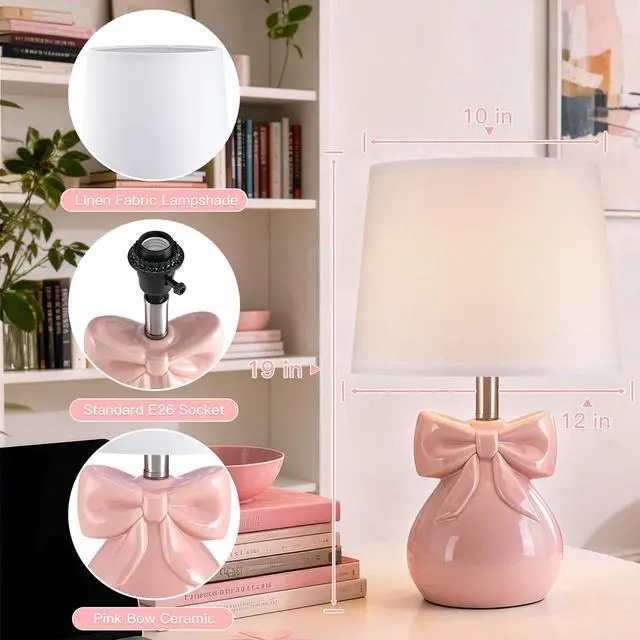 Alt view image 7 of 7 - Pink Bow Table Lamp for Girl's Room, 19" Cute Lamp for Kids Bedroom | Classic Girly Ceramic Bedside Lamp for Nightstand, Modern Princess Table Lamp for Living Room, Gift for Girl, Bulb Included