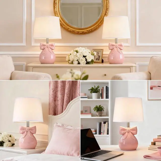 Alt view image 6 of 7 - Pink Bow Table Lamp for Girl's Room, 19" Cute Lamp for Kids Bedroom | Classic Girly Ceramic Bedside Lamp for Nightstand, Modern Princess Table Lamp for Living Room, Gift for Girl, Bulb Included
