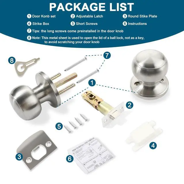 Alt view image 2 of 7 - Passage Door Knobs, 10 Pack Satin Nickel Door Knobs with Lock,Hallway and Wardrobe Door Knob Interior Keyless Locksets, Round Door Handles Reversible for Left Right Handed Doors