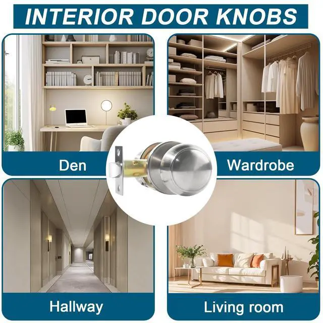 Alt view image 3 of 7 - Passage Door Knobs, 10 Pack Satin Nickel Door Knobs with Lock,Hallway and Wardrobe Door Knob Interior Keyless Locksets, Round Door Handles Reversible for Left Right Handed Doors