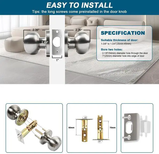 Alt view image 4 of 7 - Passage Door Knobs, 10 Pack Satin Nickel Door Knobs with Lock,Hallway and Wardrobe Door Knob Interior Keyless Locksets, Round Door Handles Reversible for Left Right Handed Doors