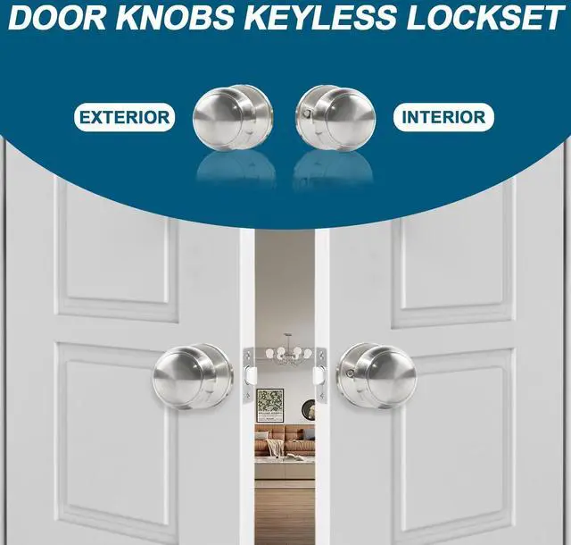 Alt view image 5 of 7 - Passage Door Knobs, 10 Pack Satin Nickel Door Knobs with Lock,Hallway and Wardrobe Door Knob Interior Keyless Locksets, Round Door Handles Reversible for Left Right Handed Doors