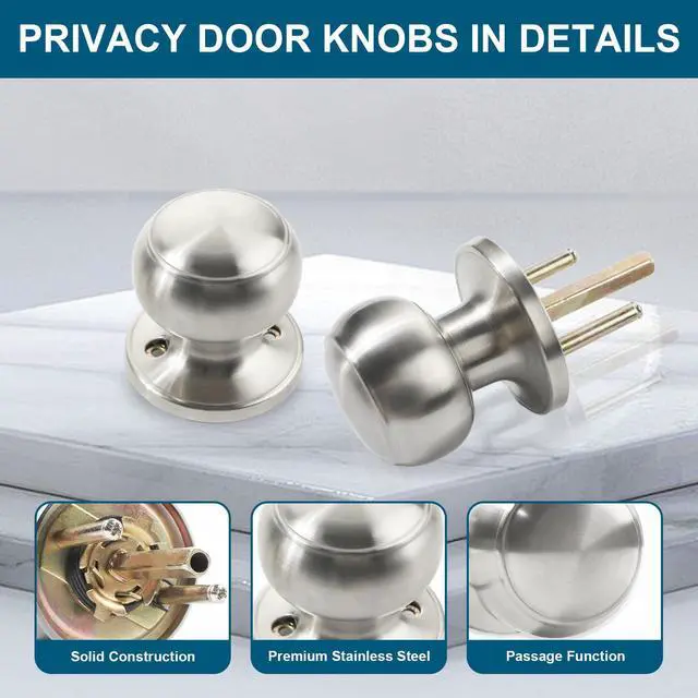 Alt view image 7 of 7 - Passage Door Knobs, 10 Pack Satin Nickel Door Knobs with Lock,Hallway and Wardrobe Door Knob Interior Keyless Locksets, Round Door Handles Reversible for Left Right Handed Doors