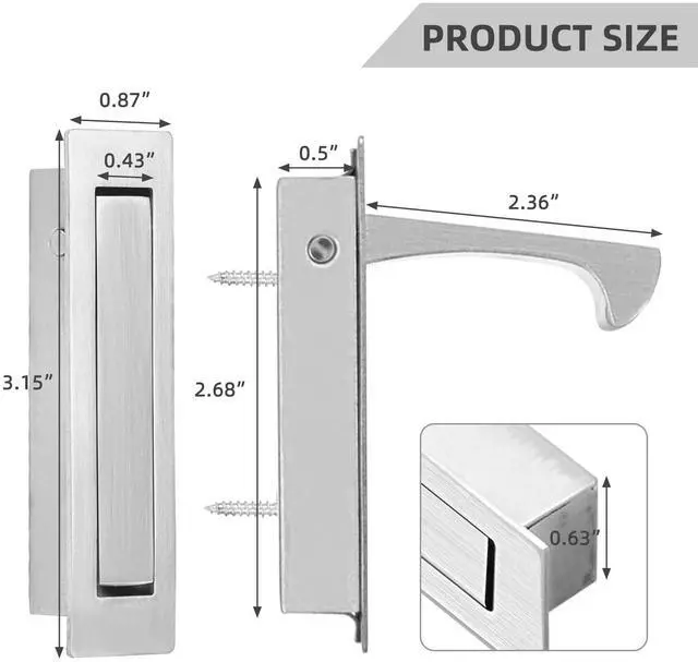 Alt view image 3 of 7 - Pocket Door Handles and Edge Pull Brushed Nickel, 6Inch Handles Hardware Latch,Recessed Finger Flush Pulls,for Closet,Sliding,Barn Door