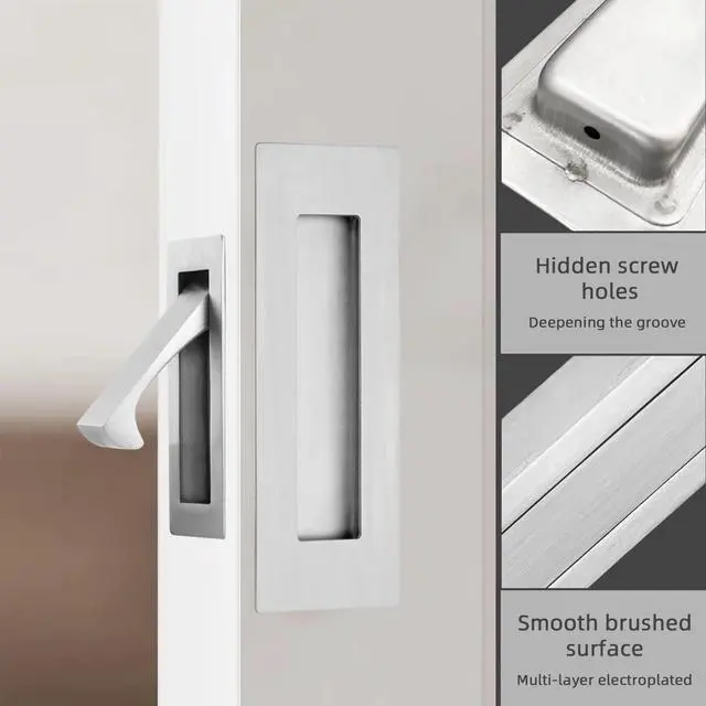 Alt view image 4 of 7 - Pocket Door Handles and Edge Pull Brushed Nickel, 6Inch Handles Hardware Latch,Recessed Finger Flush Pulls,for Closet,Sliding,Barn Door
