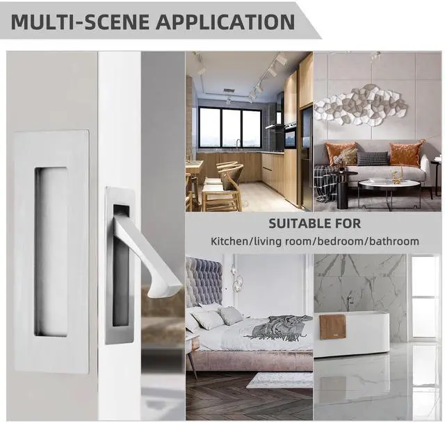 Alt view image 7 of 7 - Pocket Door Handles and Edge Pull Brushed Nickel, 6Inch Handles Hardware Latch,Recessed Finger Flush Pulls,for Closet,Sliding,Barn Door