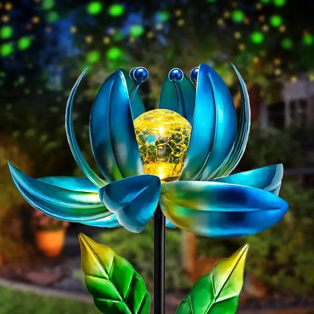 Main image of Solar Garden Lights Metal Flower Decor, Colorful Spinning Windmill Lotus Pathway Ligths with LED Cracked Crystal Ball Outdoor Decorative Stake Lighting Waterproof Flower Sculpture for Patio Yard