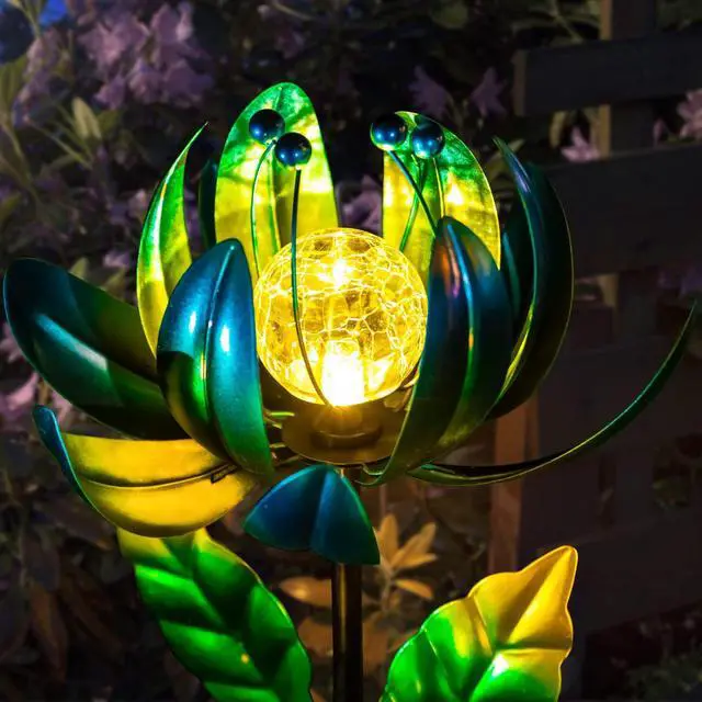 Alt view image 2 of 6 - Solar Garden Lights Metal Flower Decor, Colorful Spinning Windmill Lotus Pathway Ligths with LED Cracked Crystal Ball Outdoor Decorative Stake Lighting Waterproof Flower Sculpture for Patio Yard