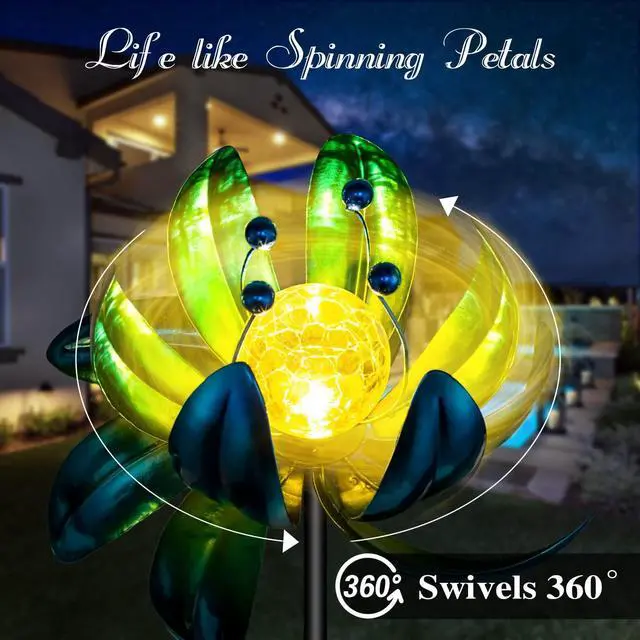 Alt view image 3 of 6 - Solar Garden Lights Metal Flower Decor, Colorful Spinning Windmill Lotus Pathway Ligths with LED Cracked Crystal Ball Outdoor Decorative Stake Lighting Waterproof Flower Sculpture for Patio Yard
