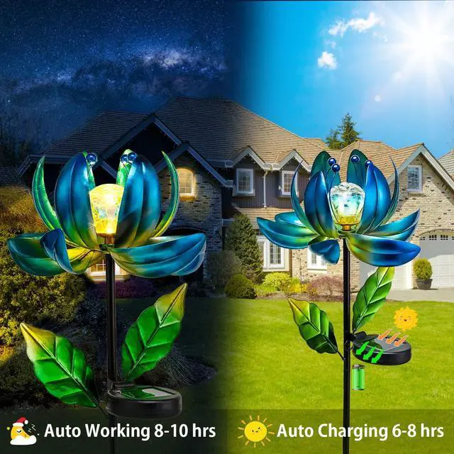 Alt view image 5 of 6 - Solar Garden Lights Metal Flower Decor, Colorful Spinning Windmill Lotus Pathway Ligths with LED Cracked Crystal Ball Outdoor Decorative Stake Lighting Waterproof Flower Sculpture for Patio Yard