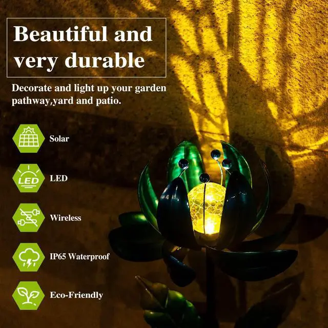 Alt view image 4 of 6 - Solar Garden Lights Metal Flower Decor, Colorful Spinning Windmill Lotus Pathway Ligths with LED Cracked Crystal Ball Outdoor Decorative Stake Lighting Waterproof Flower Sculpture for Patio Yard