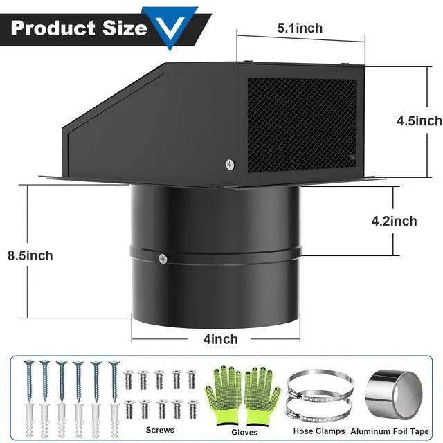 Alt view image 2 of 7 - 4 Inch Dryer Vent Cover, Hooded Wall Vent with Screen and Damper Galvanized Steel Vent Covers for Wall Black Air Exhaust Duct Outlet Cap Kit for Exterior Home Outdoor Laundry Room Ventilation