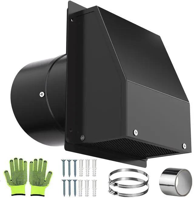 Main image of 4 Inch Dryer Vent Cover, Hooded Wall Vent with Screen and Damper Galvanized Steel Vent Covers for Wall Black Air Exhaust Duct Outlet Cap Kit for Exterior Home Outdoor Laundry Room Ventilation