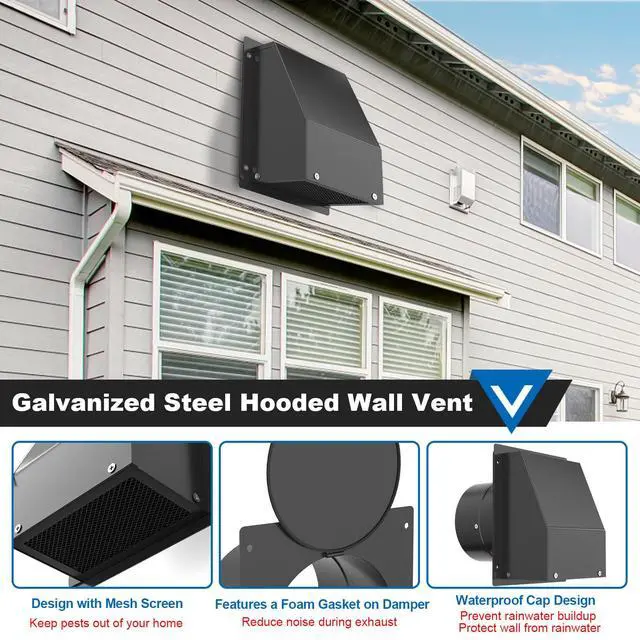 Alt view image 3 of 7 - 4 Inch Dryer Vent Cover, Hooded Wall Vent with Screen and Damper Galvanized Steel Vent Covers for Wall Black Air Exhaust Duct Outlet Cap Kit for Exterior Home Outdoor Laundry Room Ventilation
