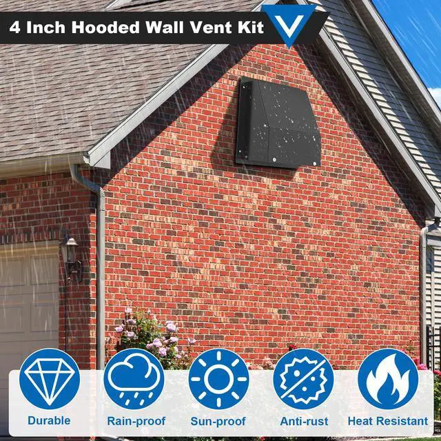 Alt view image 6 of 7 - 4 Inch Dryer Vent Cover, Hooded Wall Vent with Screen and Damper Galvanized Steel Vent Covers for Wall Black Air Exhaust Duct Outlet Cap Kit for Exterior Home Outdoor Laundry Room Ventilation