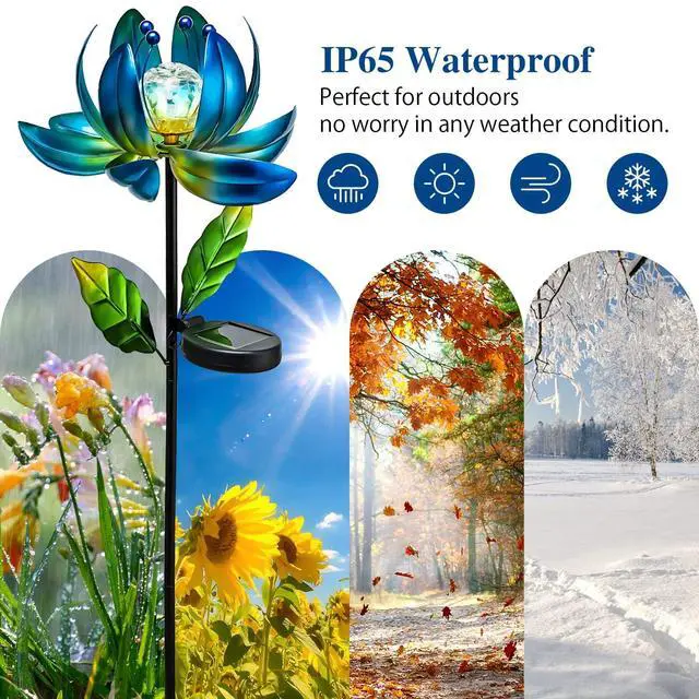 Alt view image 6 of 6 - Solar Garden Lights Metal Flower Decor, Colorful Spinning Windmill Lotus Pathway Ligths with LED Cracked Crystal Ball Outdoor Decorative Stake Lighting Waterproof Flower Sculpture for Patio Yard