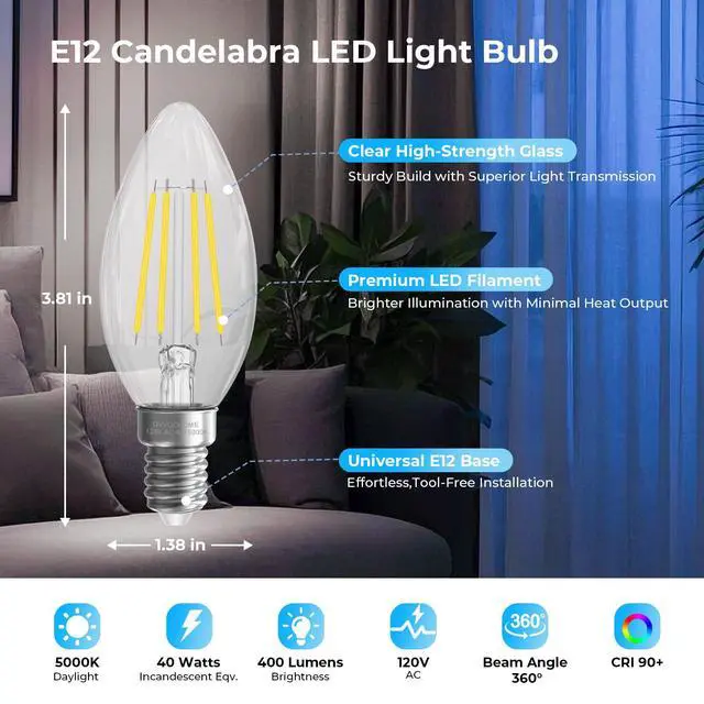 Alt view image 2 of 7 - E12 Candelabra Bulb, 5000K Daylight LED Chandelier Light Bulbs | 12 Pack, 40 Watt Equivalent E12 LED Bulb, Candelabra Light Bulbs for Ceiling Fans, Non-Dimmable, 400LM, 90+CRI Clear Glass