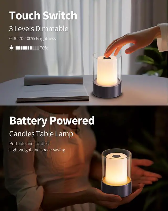Alt view image 4 of 7 - 4" Black Cordless Table Lamp Set of 2, Outdoor Rechargeable Lamp | LED, Battery Operated, Portable, Touch Night Light for Dining Room, Camping, Bar, Party, Bedside, Bedroom, Home Decor, Gift