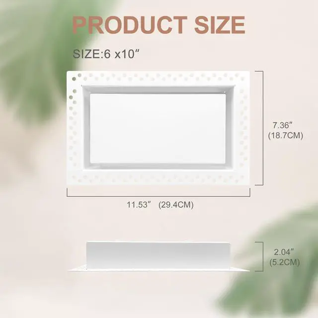Alt view image 2 of 7 - Flush Wall Vent Cover 6x10 Inch for Drywall Vent, Metal Wall-Mounted Air Register Grille, Easy Install, Paintable, (White, 1 Pc, No Manual Damper)