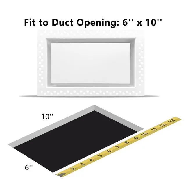 Alt view image 4 of 7 - Flush Wall Vent Cover 6x10 Inch for Drywall Vent, Metal Wall-Mounted Air Register Grille, Easy Install, Paintable, (White, 1 Pc, No Manual Damper)