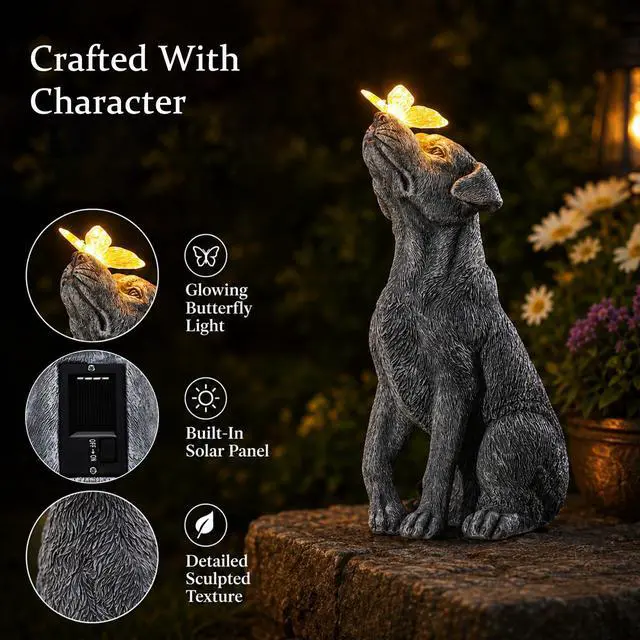 Alt view image 5 of 7 - Garden Statue Dog Figurine Decor with Solar Butterfly Outdoor Decoration | Ideal Gifts for Mom Dad or Birthdays,Memorial Yard Lawn Home Decor for Outside